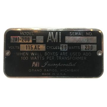 AMI I Jukebox Serial Number Plate