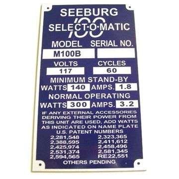 Seeburg Model Identification Plate To Rear Of Cabinet Model 100B