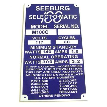 Seeburg Model Identification Plate To Rear Of Cabinet Model 100C