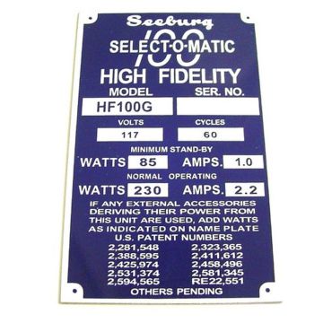 Seeburg Model Identification Plate To Rear Of Cabinet Model 100G