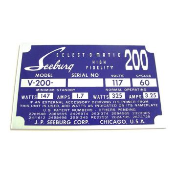 Seeburg Model Identification Plate To Rear Of Cabinet Model V200