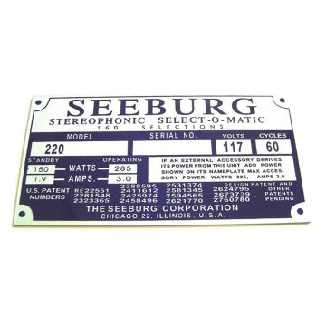 Seeburg Model Identification Plate To Rear Of Cabinet Model 220