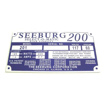 Seeburg 201 Serial no. Plaque for jukebox