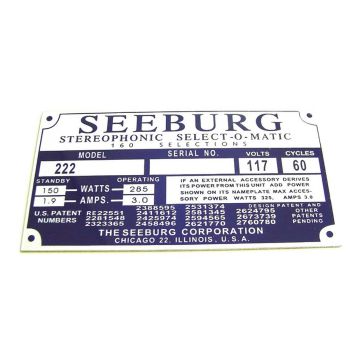 Seeburg 222 Serial no. Plaque for jukebox