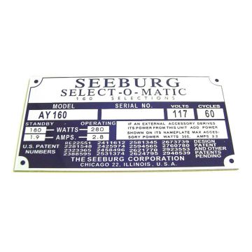 Seeburg AY160 Serial no. Plaque for jukebox