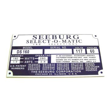 Seeburg DS160 Serial no. Plaque for jukebox