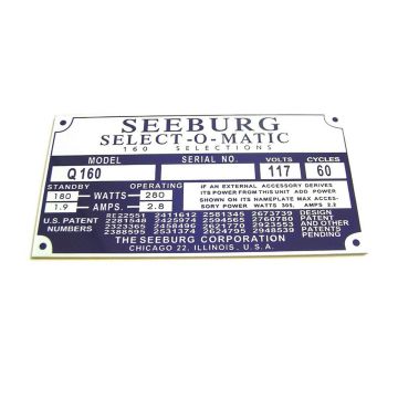 Seeburg Q160 Serial no. Plaque for jukebox