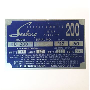 Seeburg KD-200 serial no. plaque plate