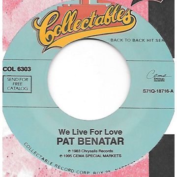 Single 45: Pat Benatar – We Live For Love / Invincible
Jukebox Collectables label. Pop Rock